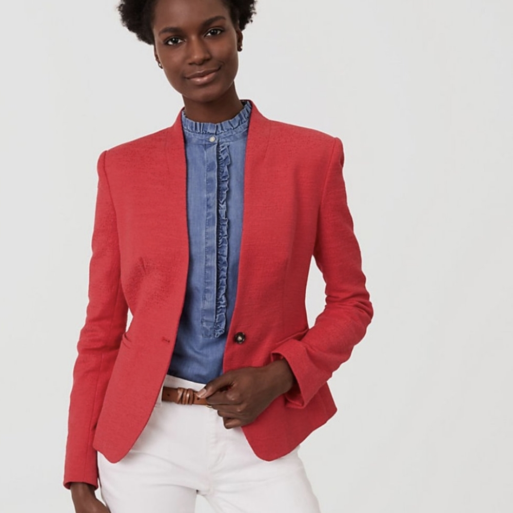 LOFT Raspberry Pink Red Textured Collarless Long Sleeve Blazer Jacket Size 6
